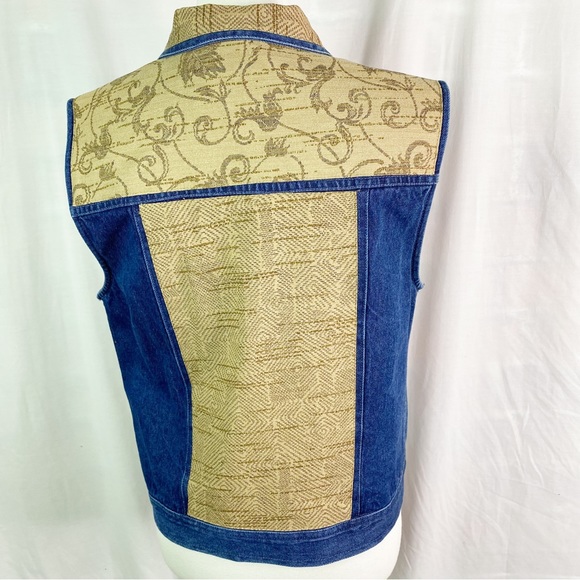 Vintage Boho Denim and Tan Tapestry Accent Vest Lg - Picture 3 of 6